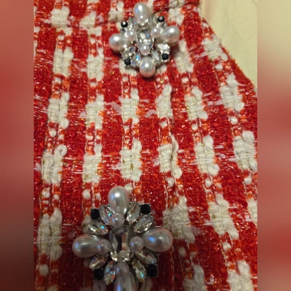 Self-Portrait,Sparkling Red And White Mini Houndstooth Dress.🥰 - Picture 6 of 14